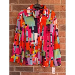 Calessa Geometric Petite Colorful button down blouse Size PM NWT